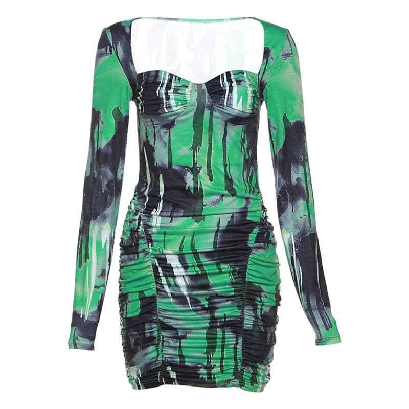 Ruched contrast print long sleeve sweetheart neck mini dress