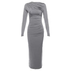 Ruched solid long sleeve zip-up maxi dress