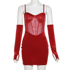 Sweetheart neck gloves velvet glitter mesh patchwork cami dress