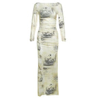 Contrast print ruched long sleeve maxi dress