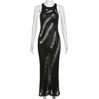 Crochet solid hollow out sleeveless irregular maxi dress