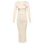 Ruched solid long sleeve zip-up maxi dress