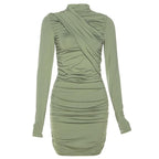 Ruched long sleeve irregular solid mini dress