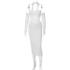Gloves halter solid button hollow out backless midi dress