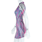 Contrast striped print turnover collar v neck sleeveless mini dress