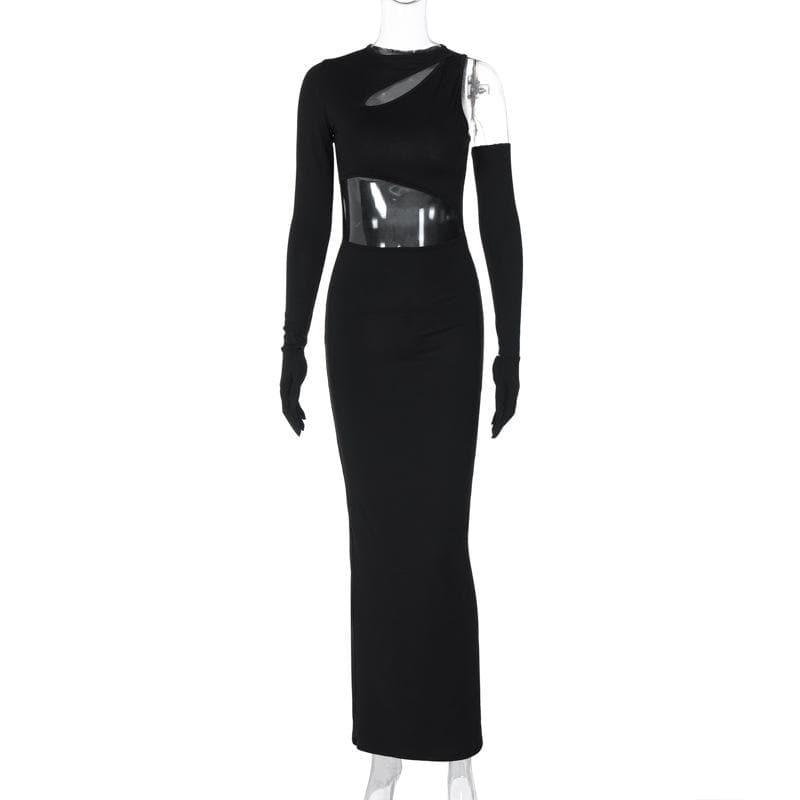 Long sleeve gloves irregular hollow out crewneck maxi dress