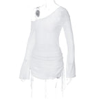 Long sleeve one shoulder drawstring ruched mini dress