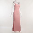 Sleeveless solid ribbed cowl neck backless ruffle maxi dress