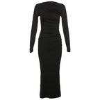 Ruched solid long sleeve zip-up maxi dress