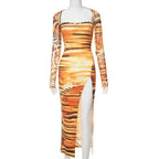 Tiger print long sleeve contrast slit shrug cami midi dress