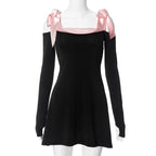 Bowknot contrast gloves long sleeve 3-way off shoulder mini dress
