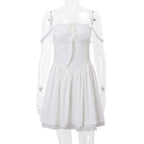 Lace hem lace up ruched backless square neck mini dress