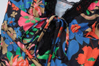 Lace hem sleeveless v neck flower print contrast maxi dress
