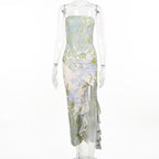 Flower print slit irregular contrast backless maxi dress