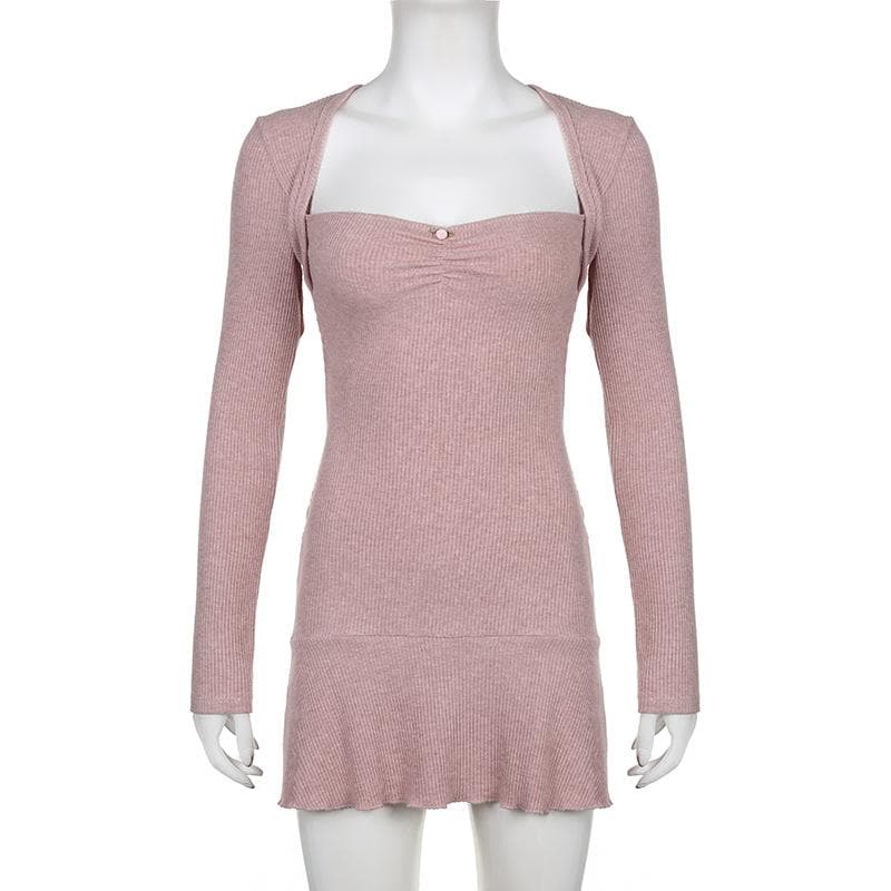 Ribbed solid long sleeve ruffle shrug tube mini dress