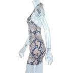 Snakeskin print hollow out self tie backless mini dress