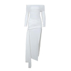 Cross front solid long sleeve off shoulder slit self tie maxi dress