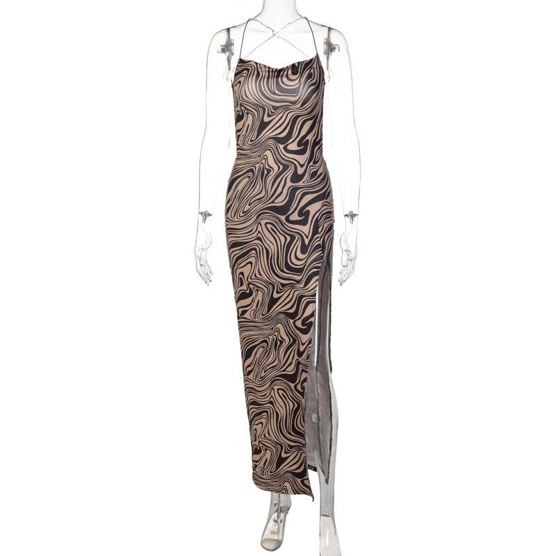 Ripple contrast print cross back slit cowl neck backless midi dress