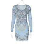 Beaded long sleeve u neck abstract contrast mini dress