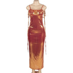 Metallic ruched backless self tie square neck maxi dress