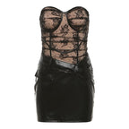 PU leather sweetheart neck patchwork zip-up lace tube mini dress