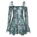 Long sleeve tie dye off shoulder ruched sweetheart neck self tie backless mini dress