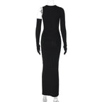 Long sleeve gloves irregular hollow out crewneck maxi dress