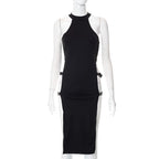 Buckle sleeveless solid slit halter mini dress