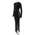 Long sleeve solid hollow out slit self tie lace up midi dress