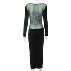 Patchwork mesh long sleeve contrast v neck midi dress