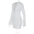 Lace up solid long sleeve ribbed self tie mini dress