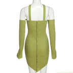 Textured stitch halter solid long sleeve off shoulder dress