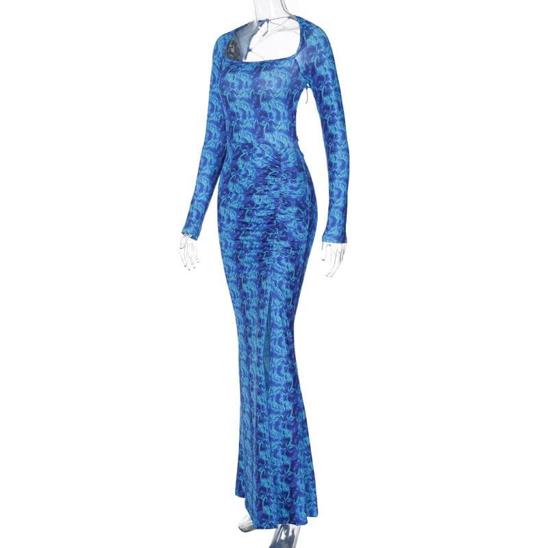Lace up backless long sleeve slit ruched contrast print maxi dress