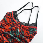 Flower print contrast lace hem cross back ruched mini dress