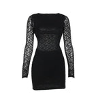 Lace solid long sleeve backless hollow out self tie mini dress