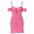 Ruched solid off shoulder ruffle backless self tie cami dress