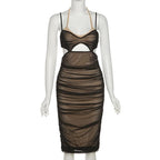 Hollow out halter ruched mesh midi dress