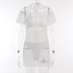 Fishnet halter short sleeve self tie solid mini dress