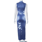 Denim print sleeveless contrast high neck maxi dress