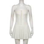 Pleated solid corset button self tie zip-up mini dress