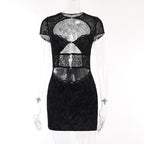 Button short sleeve hollow out textured mini dress