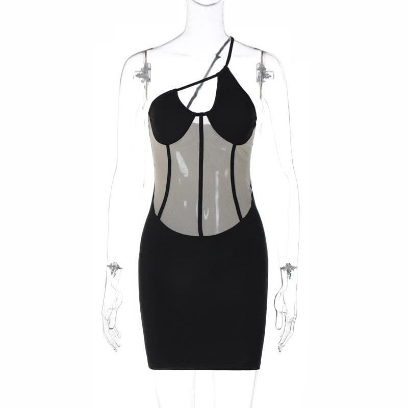 Mesh patchwork hollow out corset one shoulder irregular backless mini dress