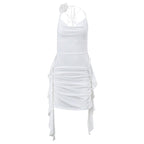 Cowl neck flower applique ruched backless solid mini dress
