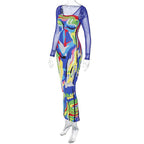 Long sleeve contrast abstract mesh midi dress
