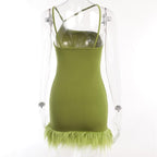 Solid irregular feather patchwork backless mini dress
