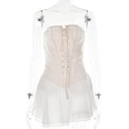 Contrast lace up zip-up ruffle backless tube mini dress