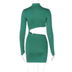 Long sleeve high neck hollow out irregular solid mini dress