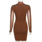 Long sleeve irregular high neck solid mesh mini dress