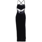 Cowl neck lace hem slit backless velvet cross back midi dress