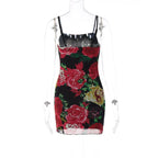 Mesh flower print contrast backless ruffle cami mini dress